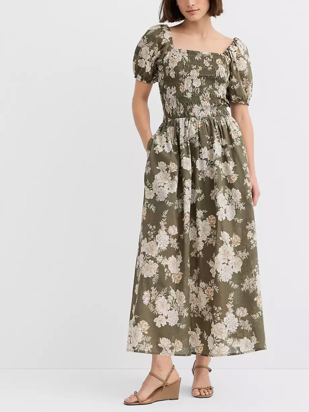 Loft Floral Smocked Puff Sleeve Midi Dress-Thyme Garden, Size S